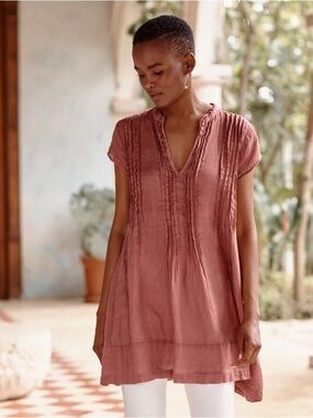 Free People CP Shades 100% Linen Pintuck Tunic Top Dusty Mauve Pink Size M